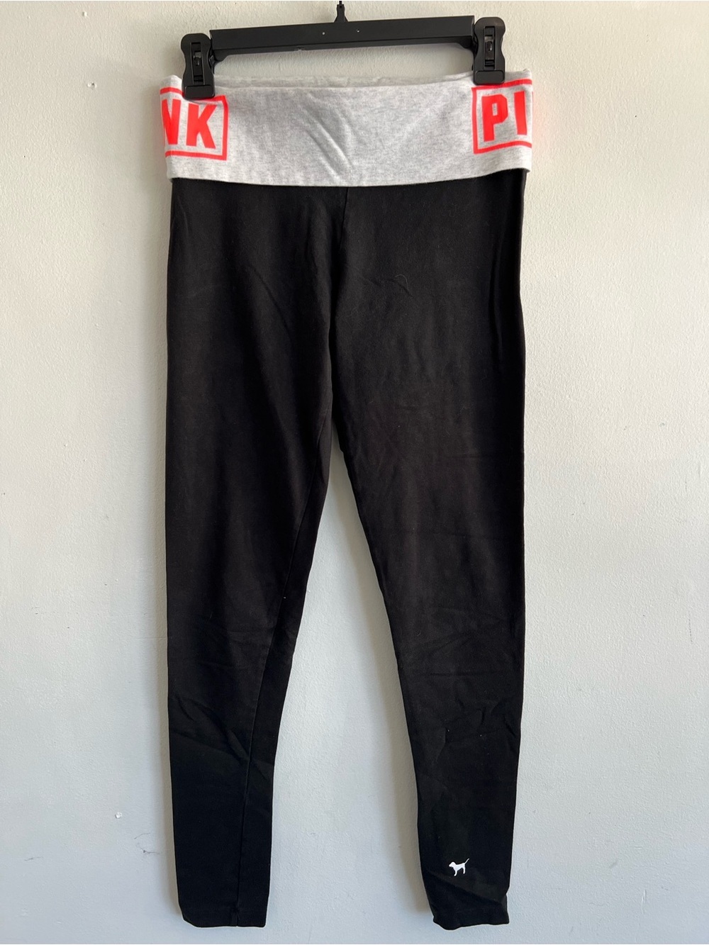 PINK Victoria's Secret Black Leggings with Gray Fold-Over Waist and Pink Logo